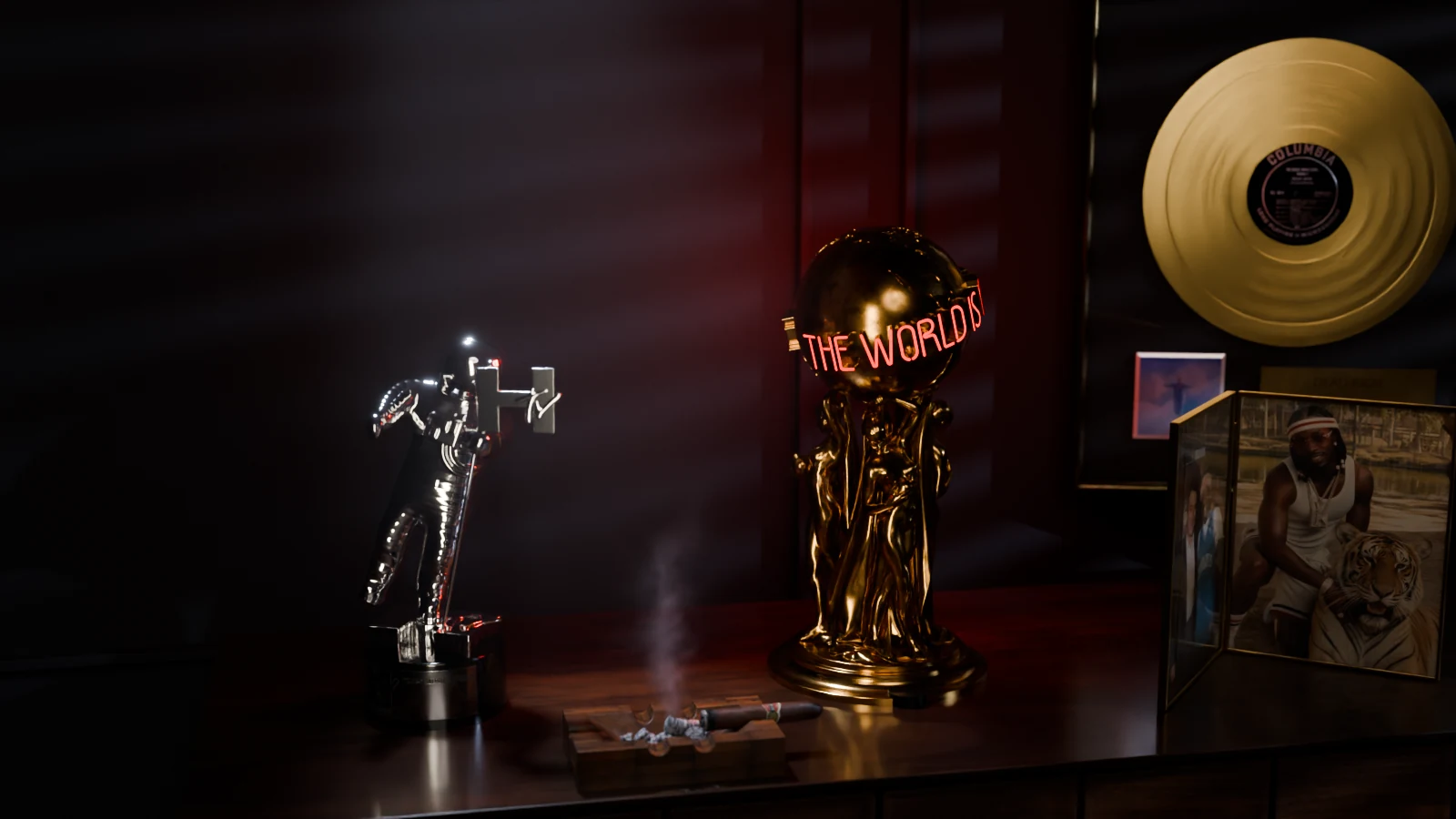 A private trophy room lit by red neon