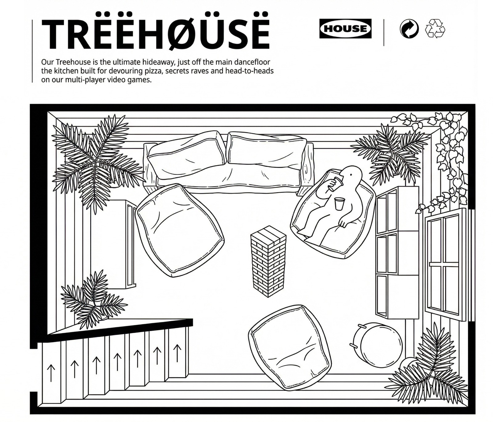 IKEA-manual style floor plan of the Treehouse snug